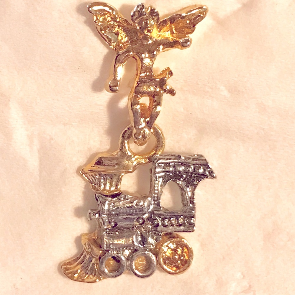 Guardian Angel train lapel pin, brooch, tie tack, in gold & silver plated